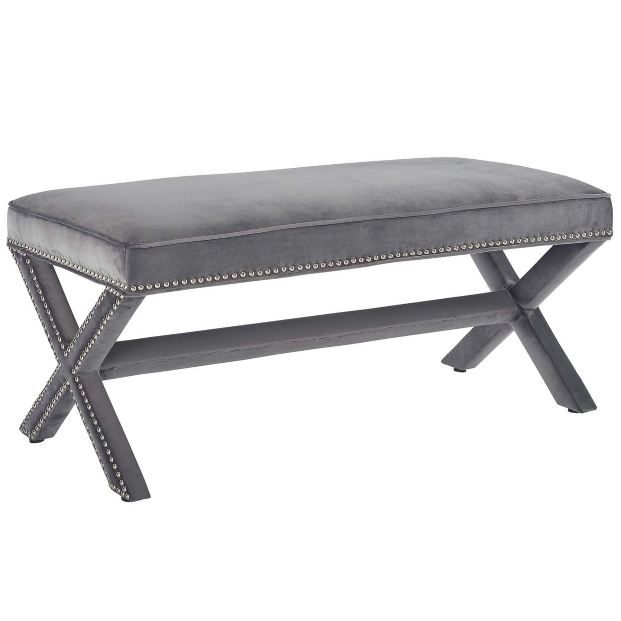 Gray Velvet X-Base Bench with Nailhead Trim