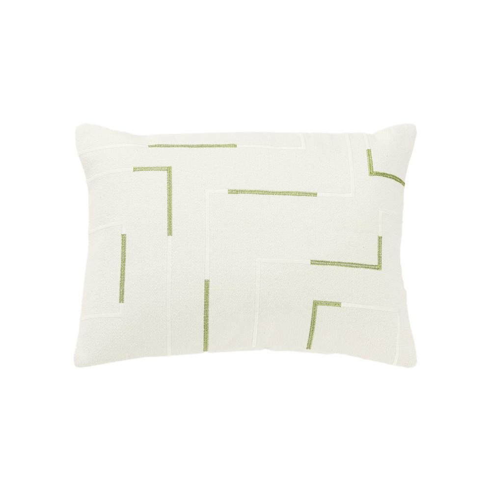 Ivory and Green Embroidered Cotton Down Filled Pillow 14"x20"