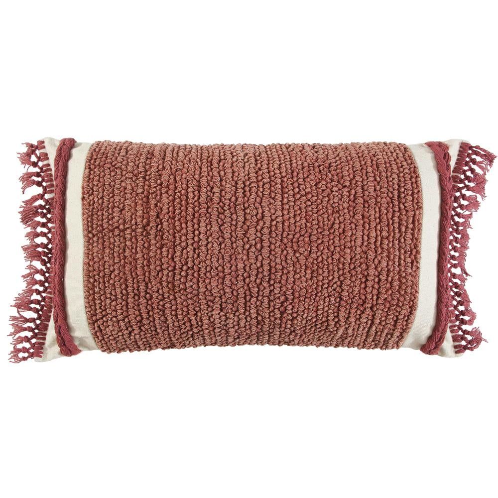 Rust Textured Cotton Pillow with Macrame Fringe, 14" x 26"