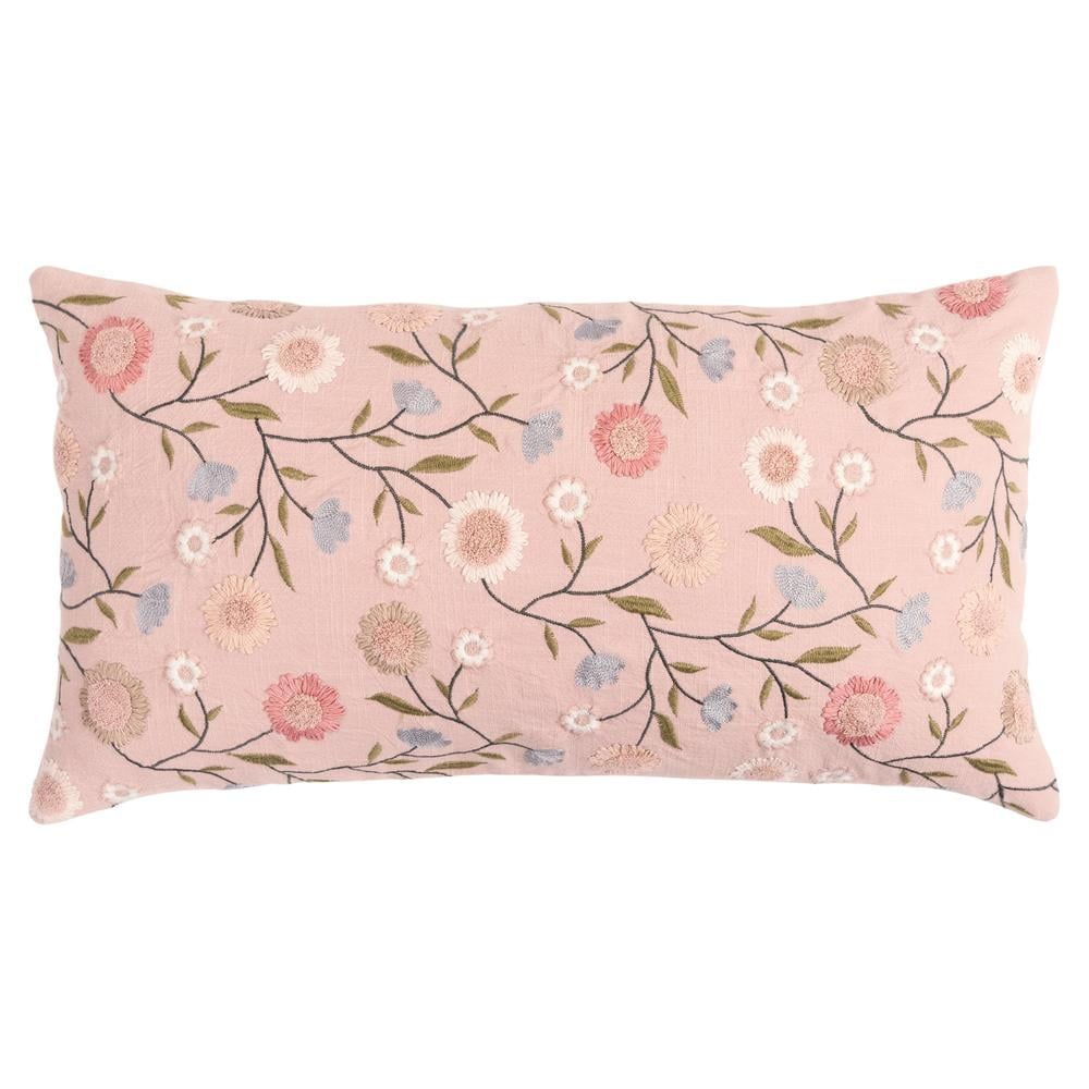 Blush Embroidered Floral Rectangular Petite Pillow