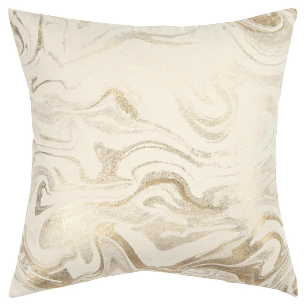 Ivory and Gold Marbled 20" x 20" Cotton Pillow