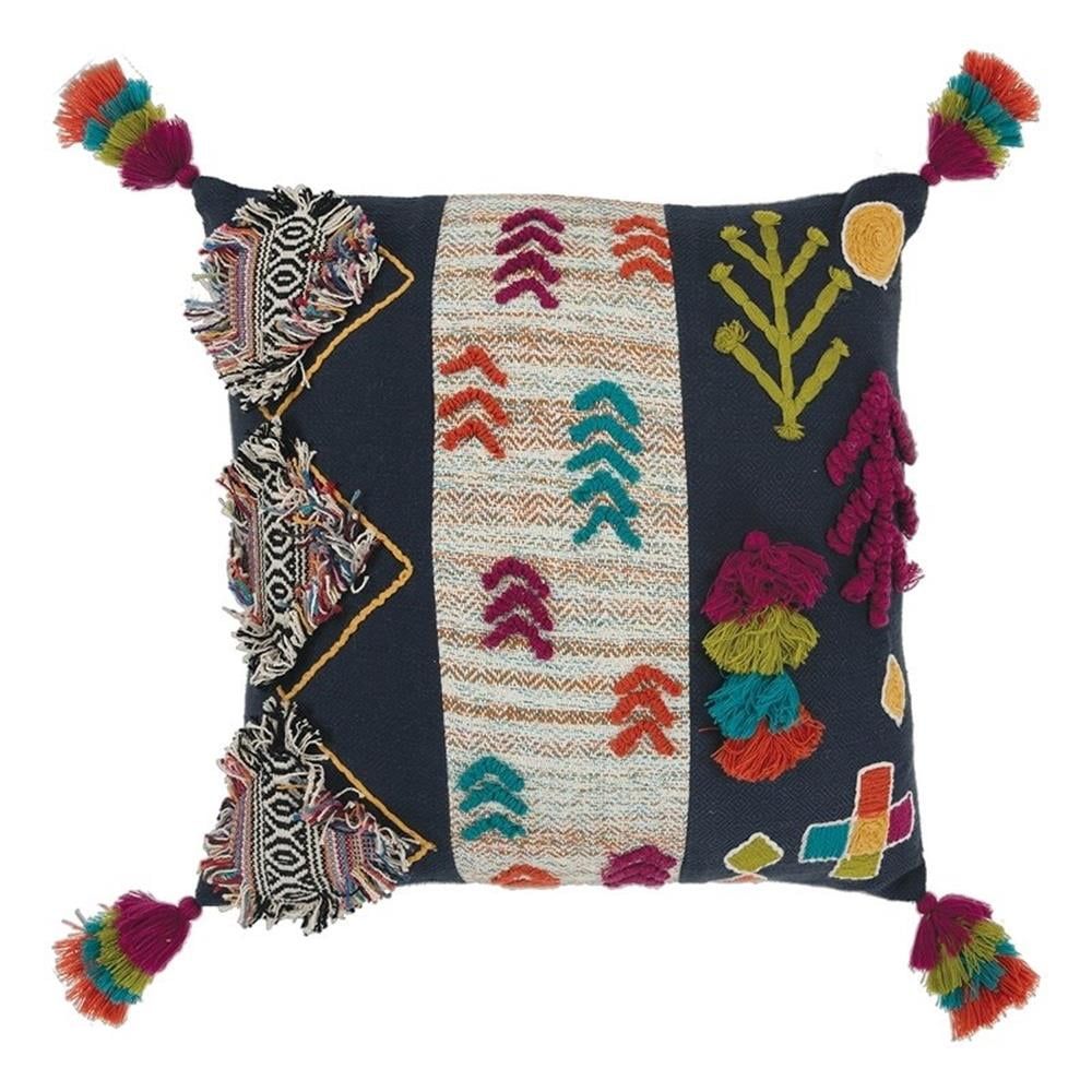 Multi-Color Embroidered Cotton 20'' x 20'' Pillow with Tassels