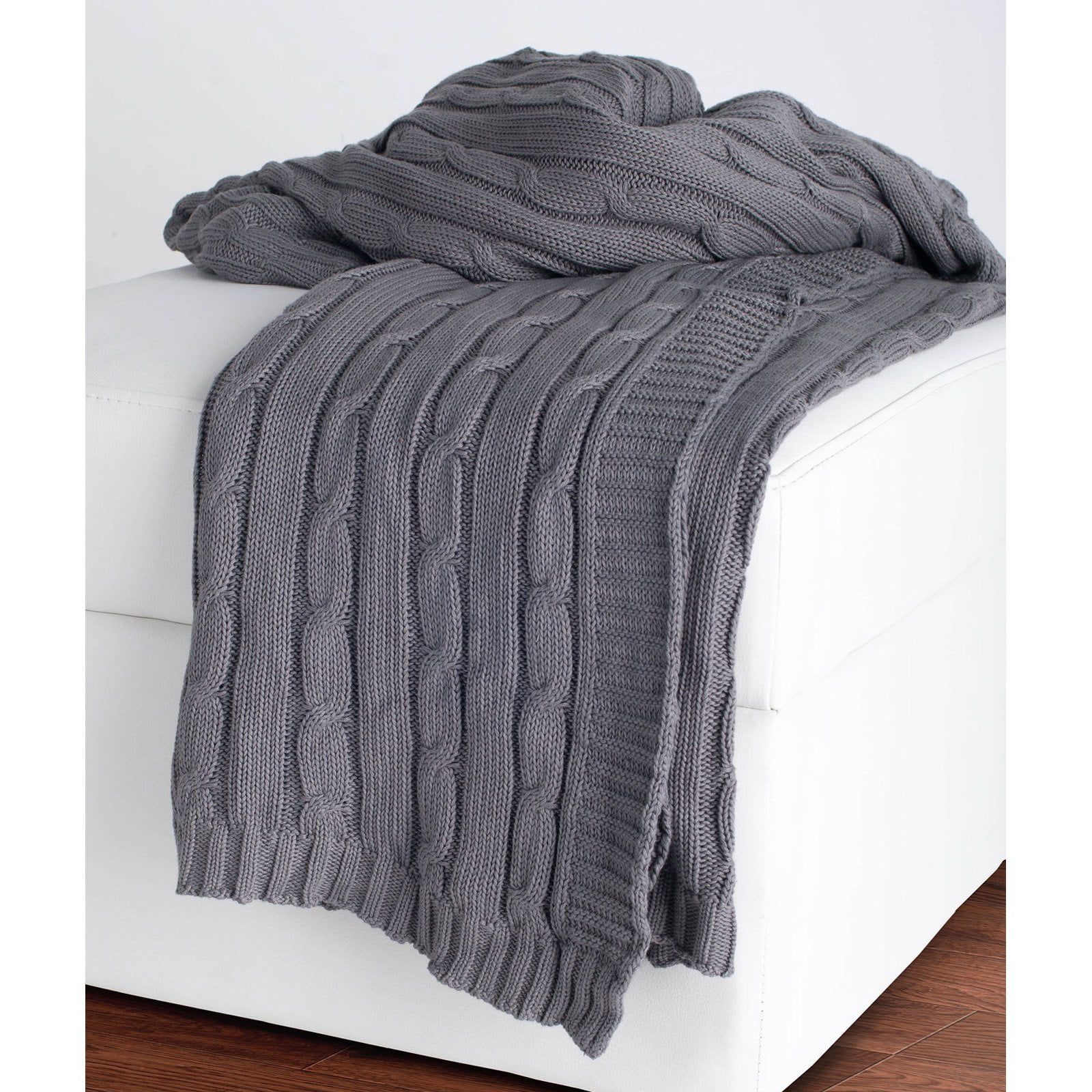 Light Gray Medium Reversible Knitted Cotton Throw Blanket