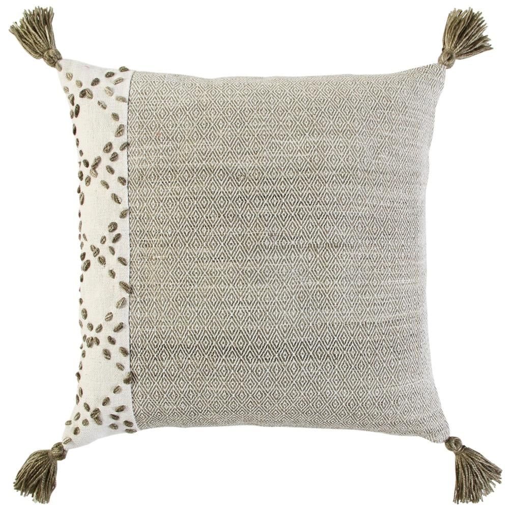 Ivory and Taupe 20" Polyester Pillow Cover with Tassels