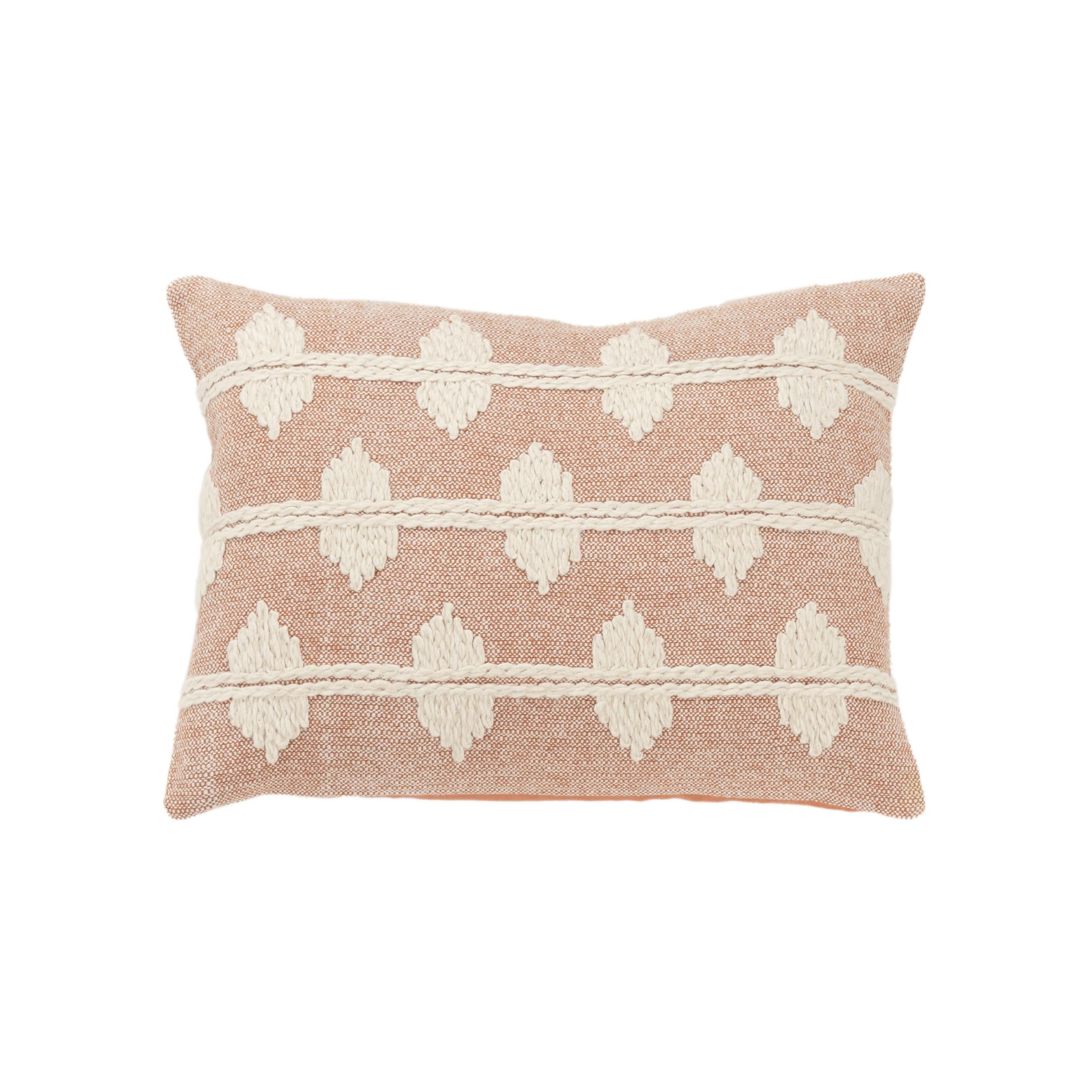 Coral and Off-White Diamond Woven Cotton Throw Pillow