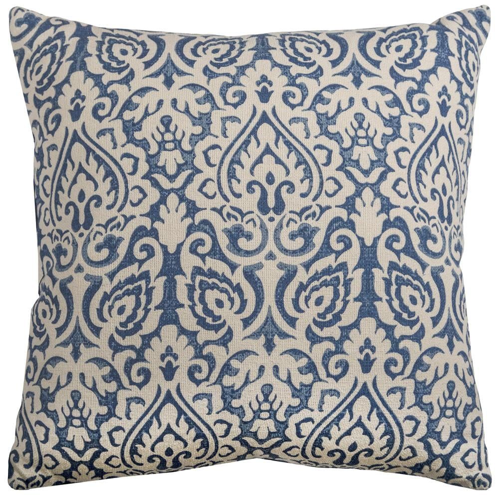 Blue and Natural Cotton Damask Pillow Cover 22" x 22"