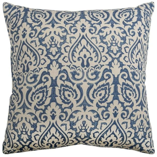 Blue and Natural Cotton Damask Pillow Cover 22" x 22"