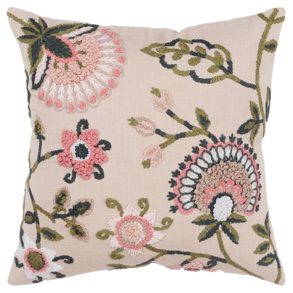 Blush Embroidered Cotton Floral 20" x 20" Pillow Cover