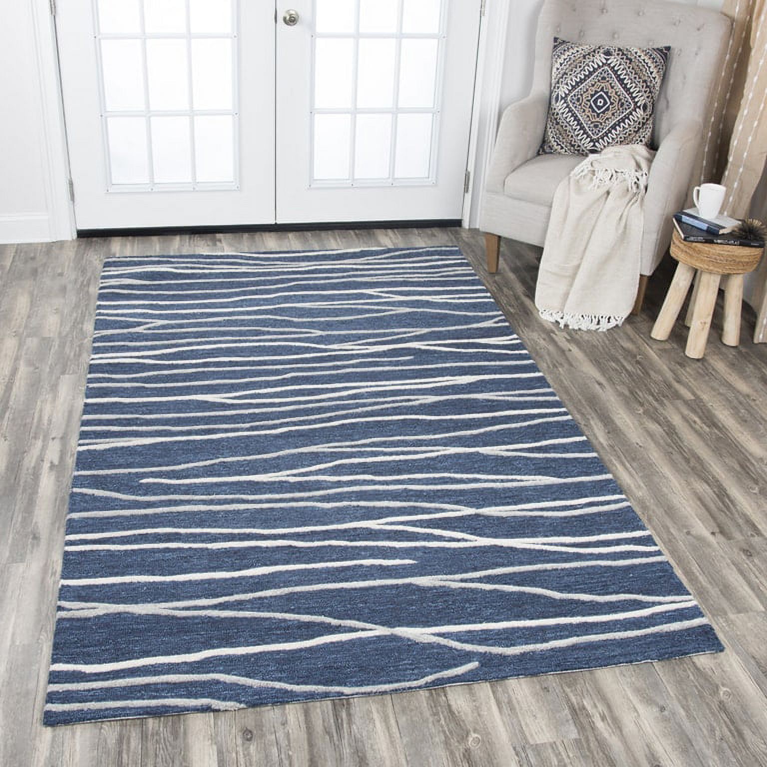 Navy Abstract Lines Hand-Tufted Wool Area Rug - 8' x 10'