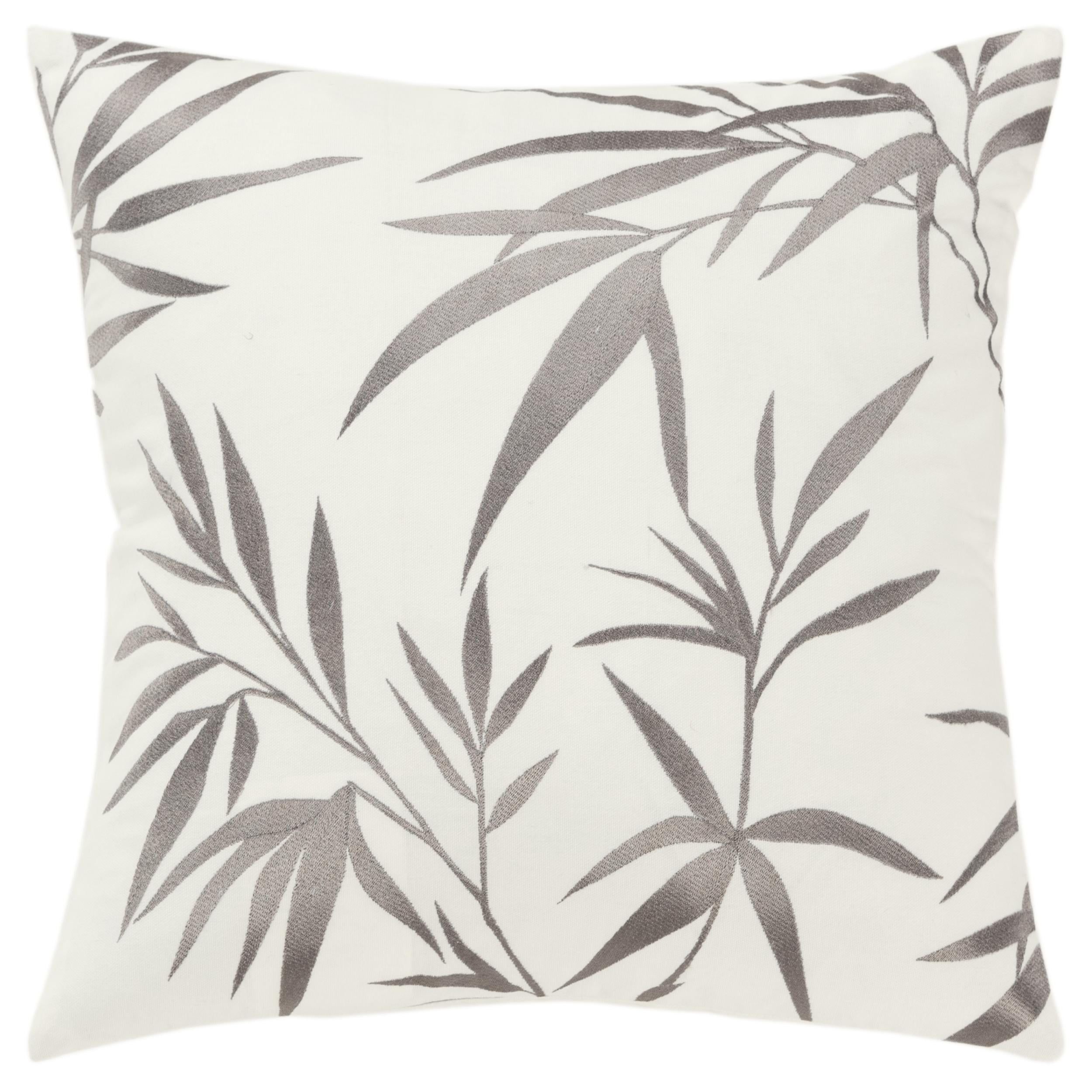 Ivory and Gray Botanical Embroidered Cotton Throw Pillow