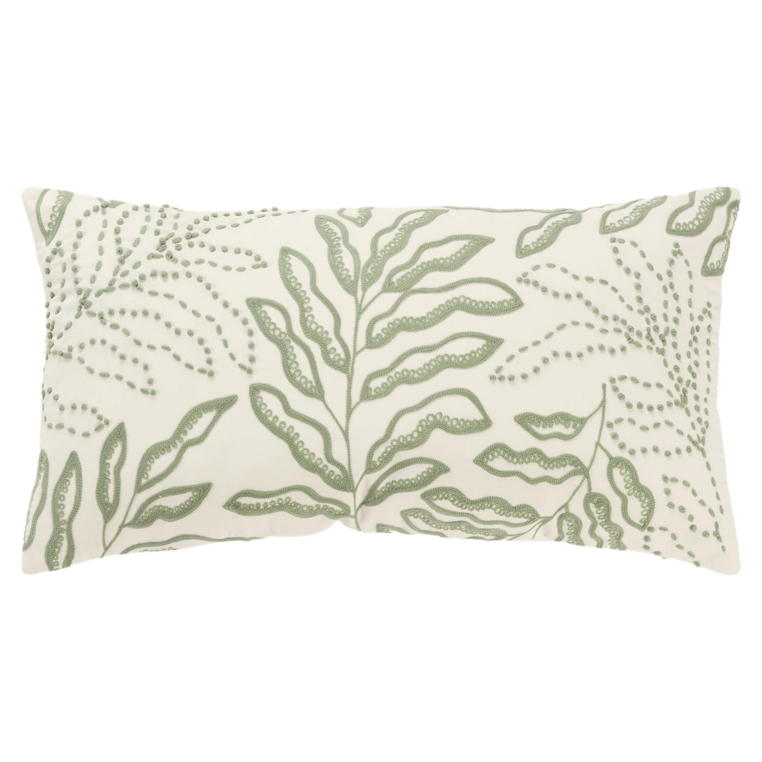 Ivory and Green Botanical Embroidered 14x26 Throw Pillow