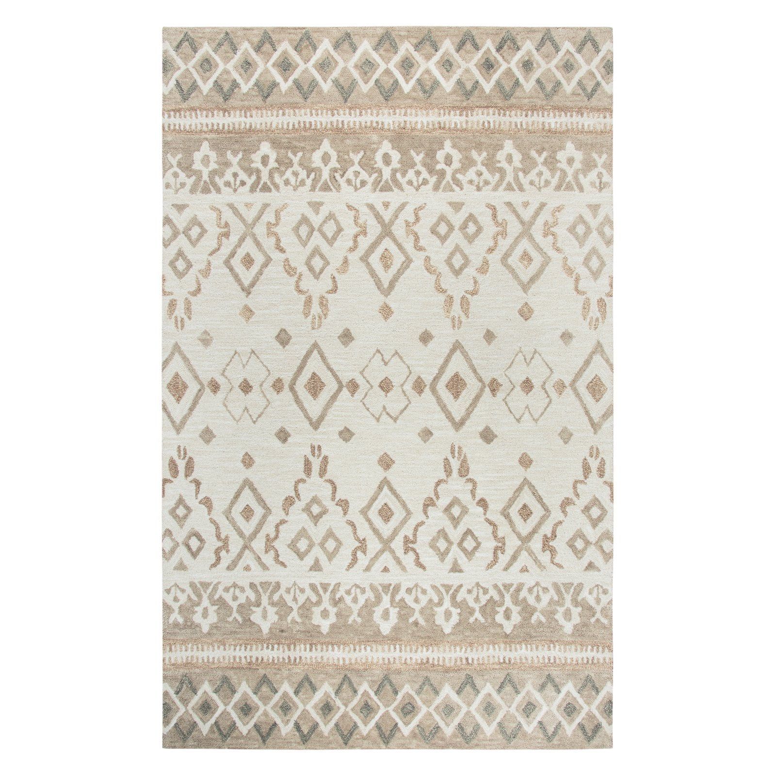 Ivory and Brown Geometric Wool 5' x 8' Area Rug