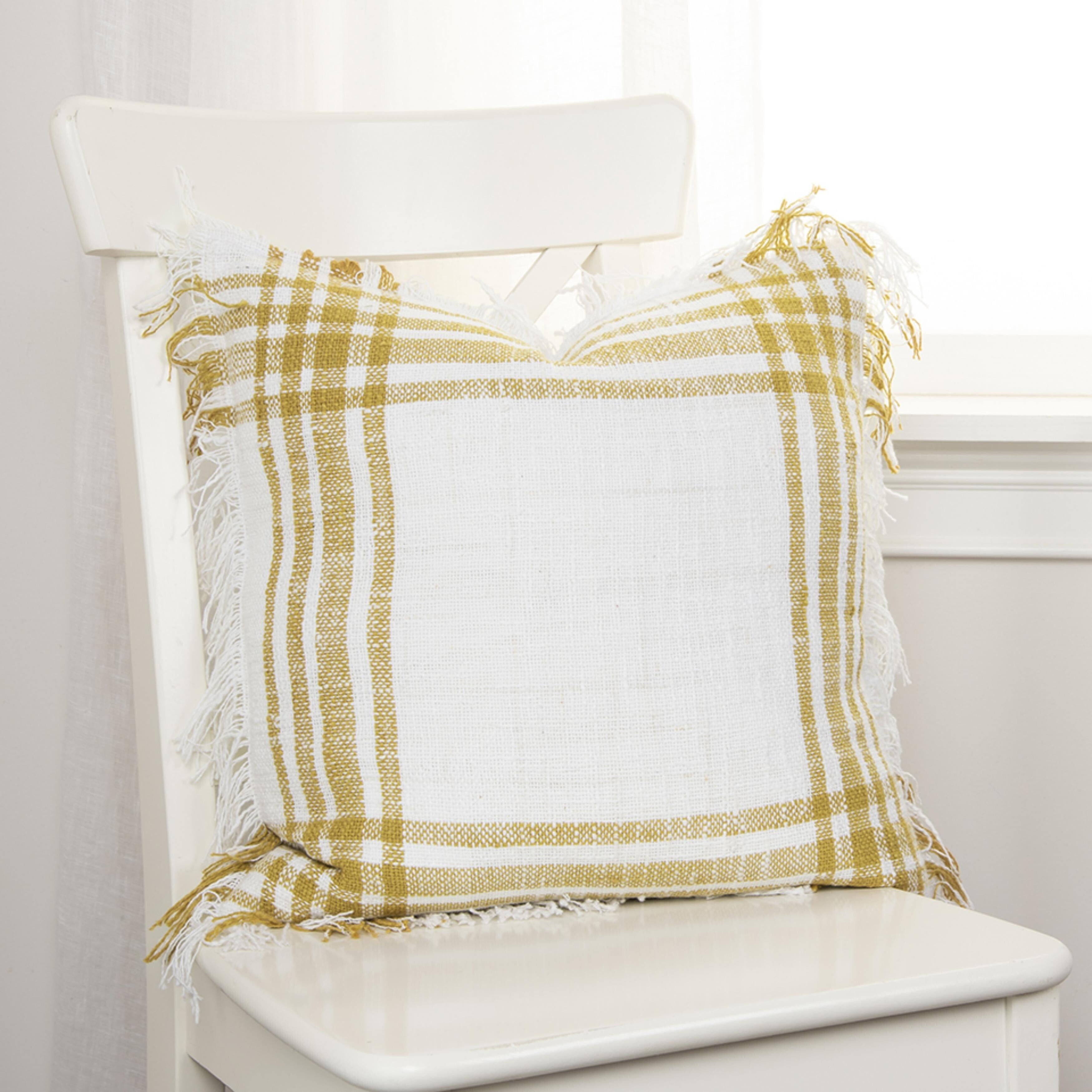 White and Gold Plaid Cotton Euro Pillow Cover 18" x 18"