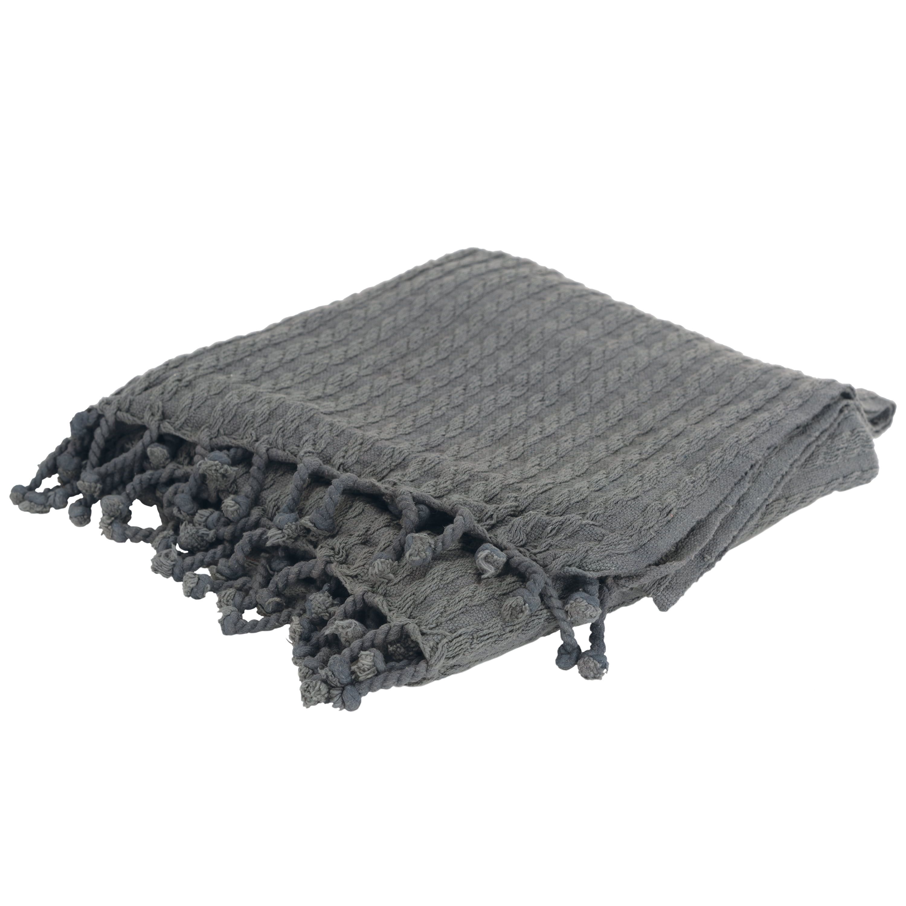 Gray Cotton Cable Knit Reversible Throw Blanket with Fringe