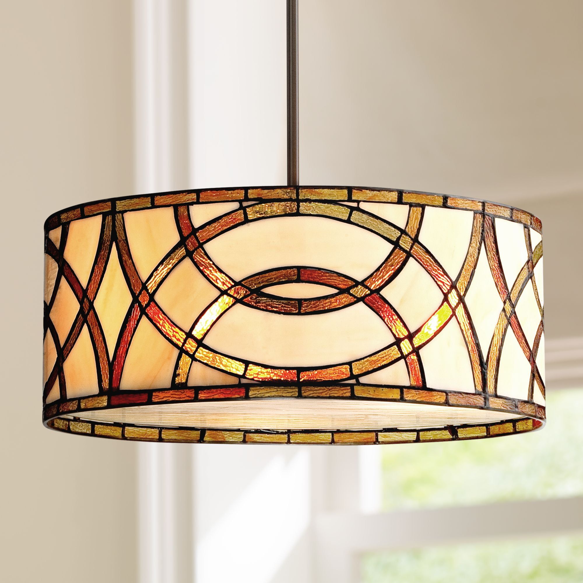 Bronze Tiffany Style Drum Pendant Light with Art Glass