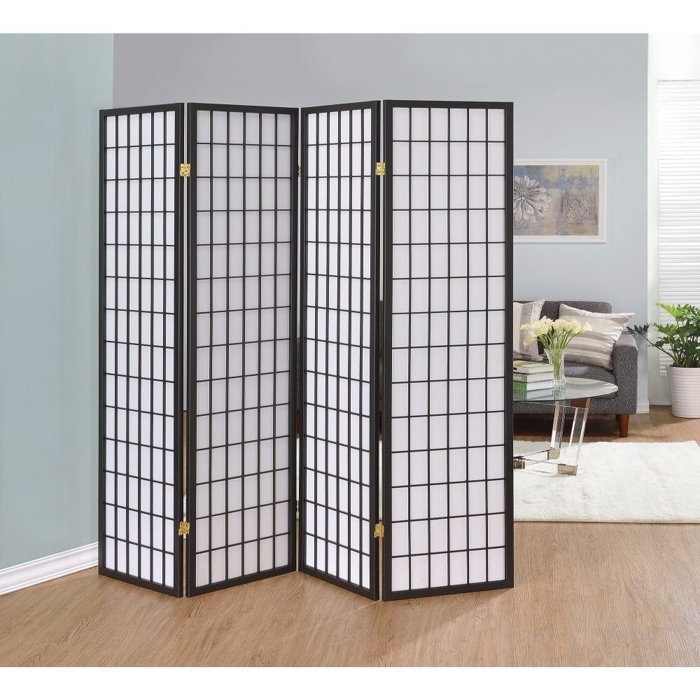 Gray Four-Panel Shoji Folding Room Divider with Wood Frame