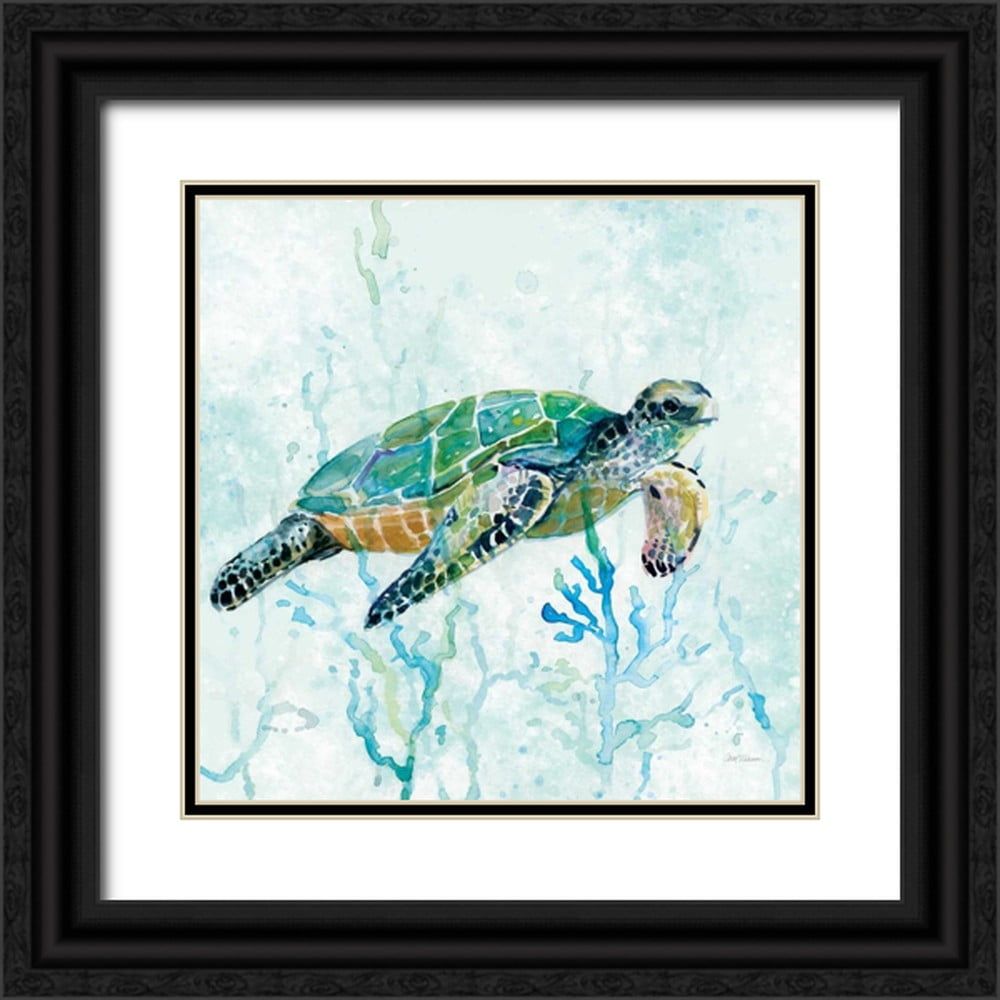 Sea Turtle Swim I 12x12 Canvas Art with Black Ornate Frame