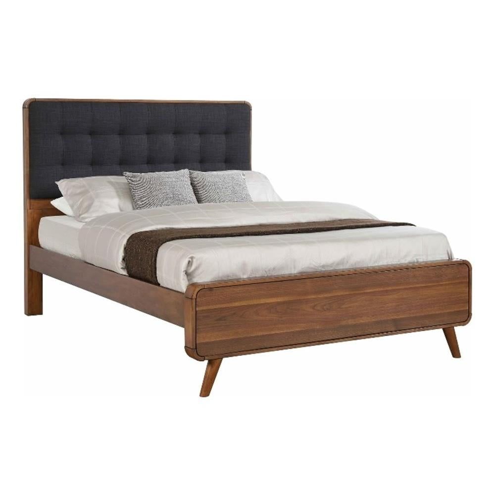Rustic Dark Walnut King Bed with Tufted Faux Leather Headboard and Storage Drawer