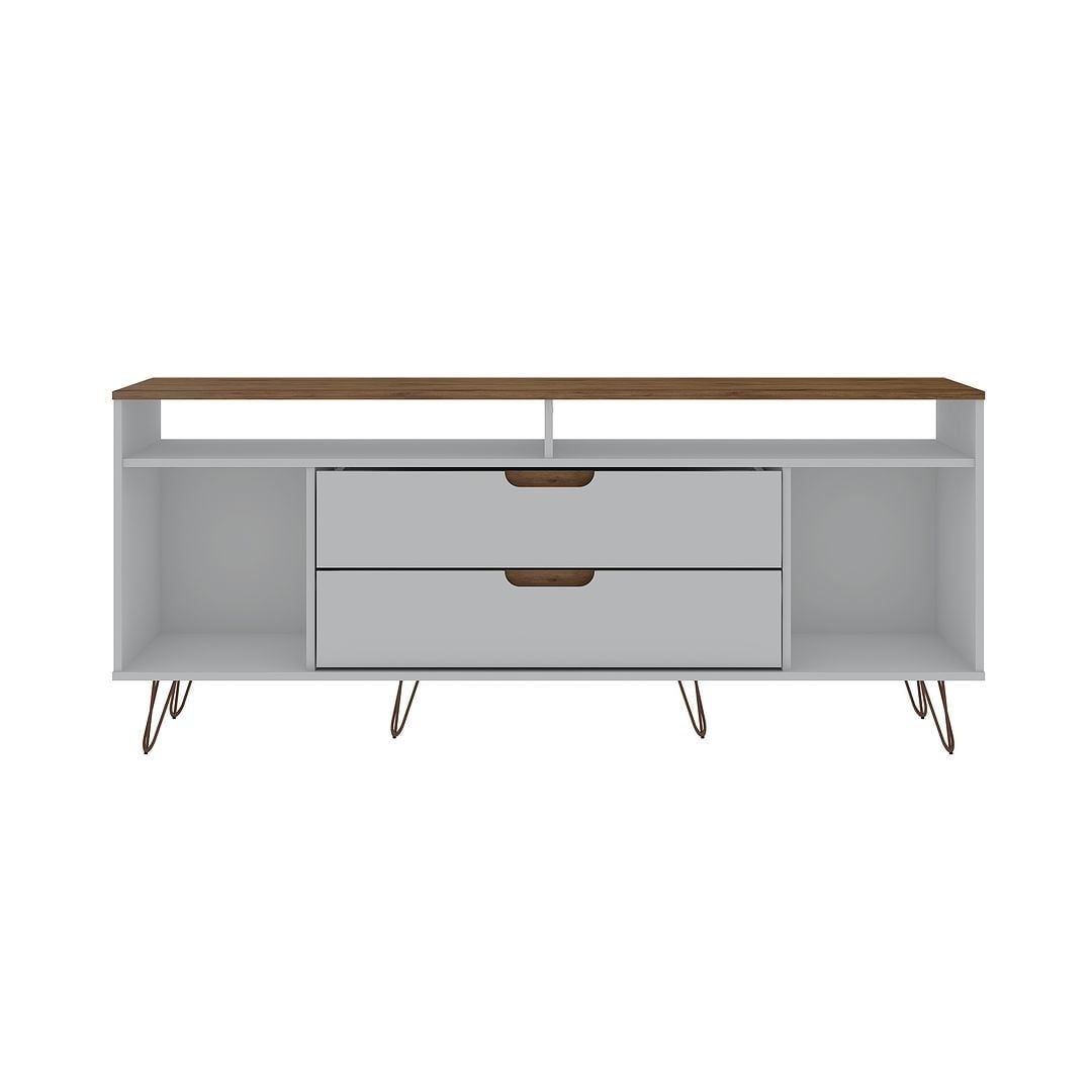 Off White and Natural Wood Mid-Century Modern TV Stand with Hairpin Legs