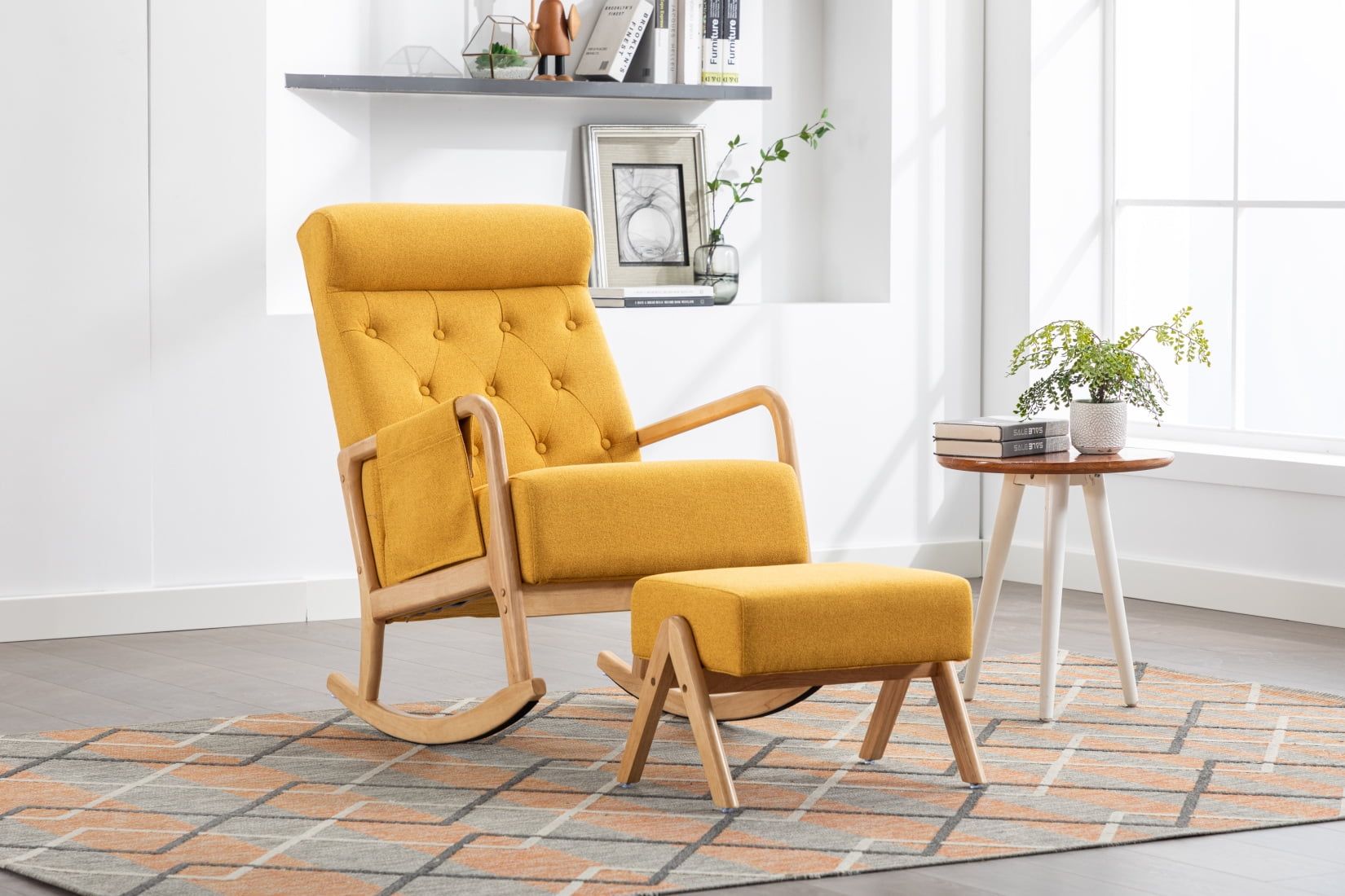 Yellow High Back Wood Frame Rocking Chair with Ottoman