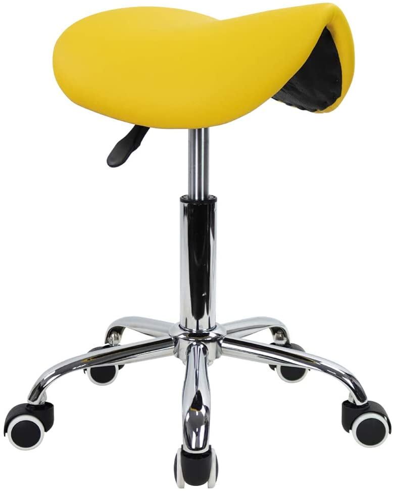 Yellow PU Leather Adjustable Swivel Saddle Stool with Wheels