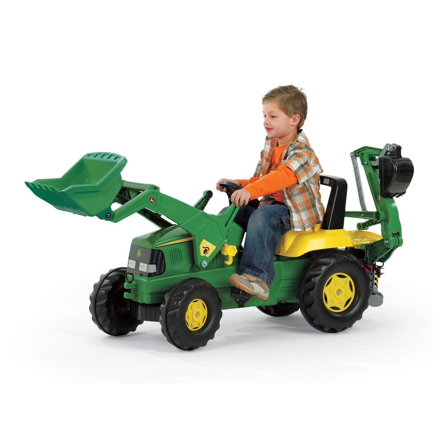 Green and Yellow Pedal Powered Tractor with Backhoe