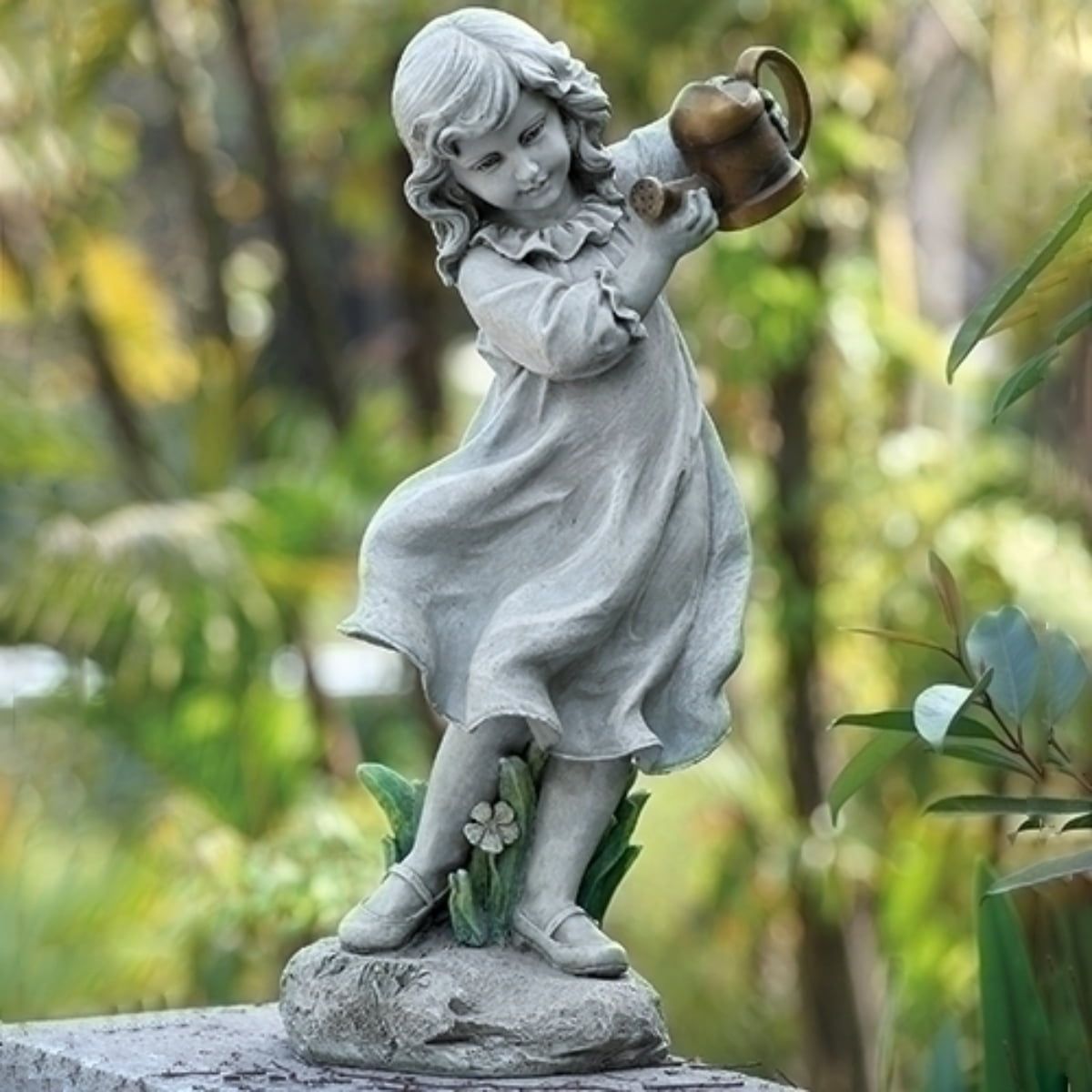 Gray Resin Girl with Bronze Watering Can Garden Statue