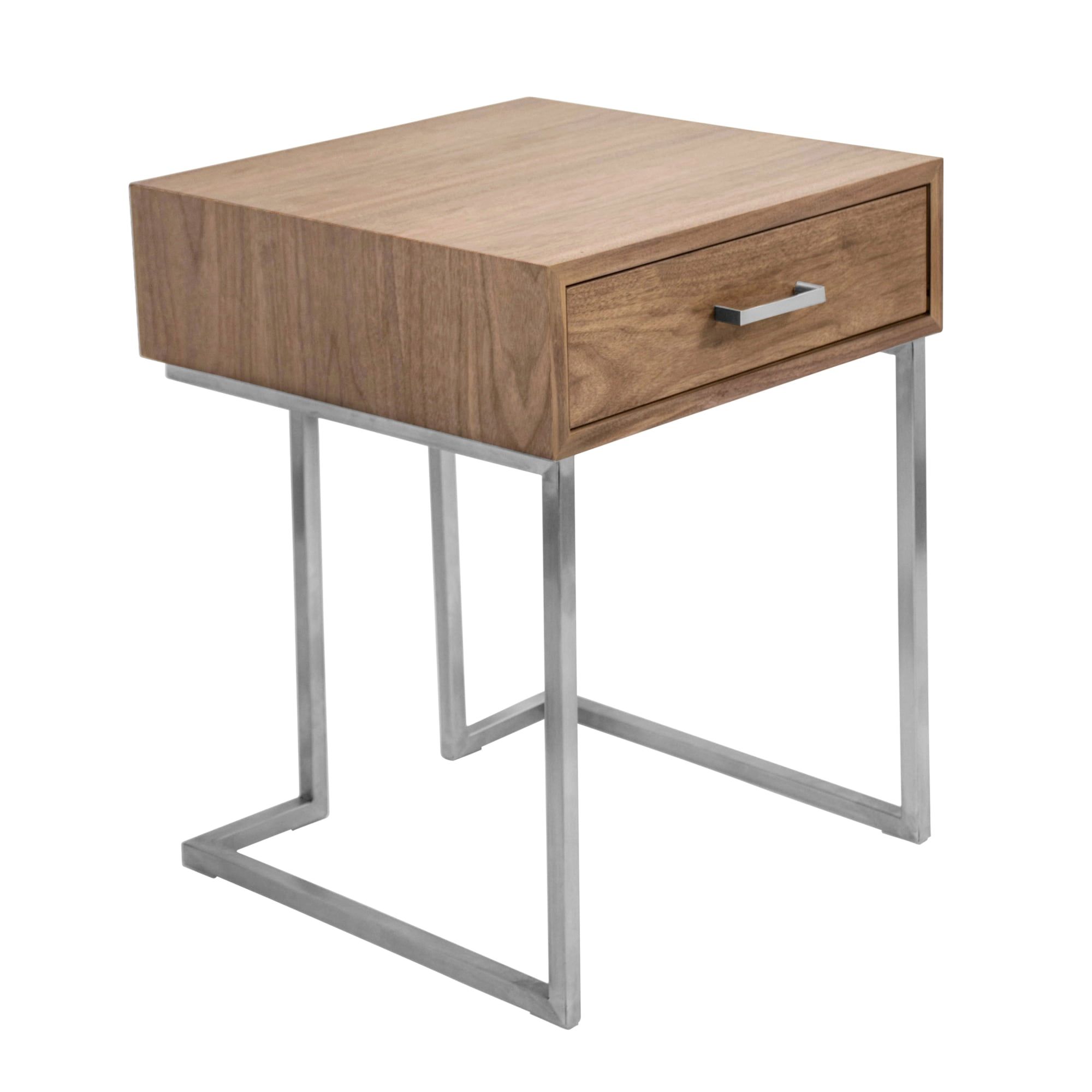 Modern Walnut Wood & Stainless Steel Square End Table with Drawer