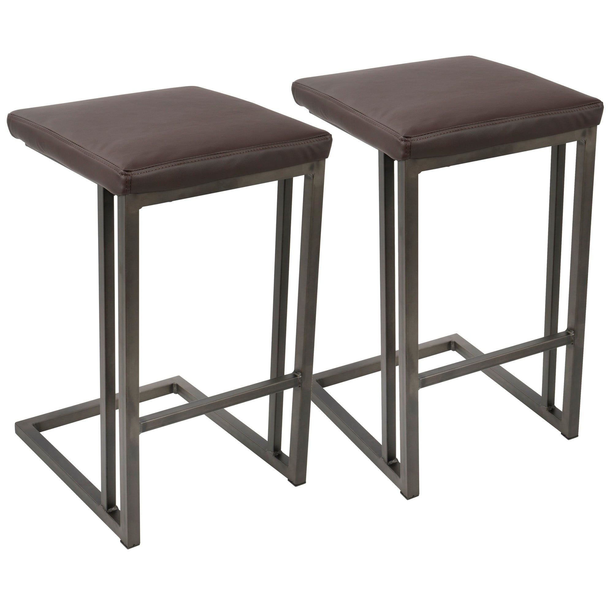 Antique Espresso Industrial Metal and Leather Counter Stools