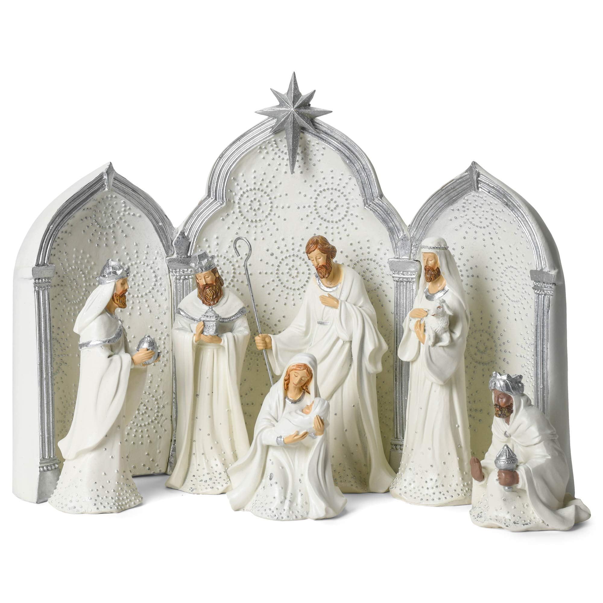 Silver and White Nativity Scene with Triptych Backdrop, 11.25 inch