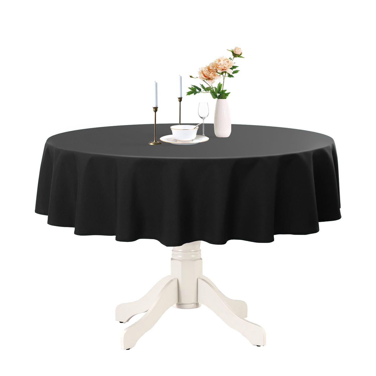 Black Round Polyester Wrinkle Resistant Tablecloth, 60 Inch