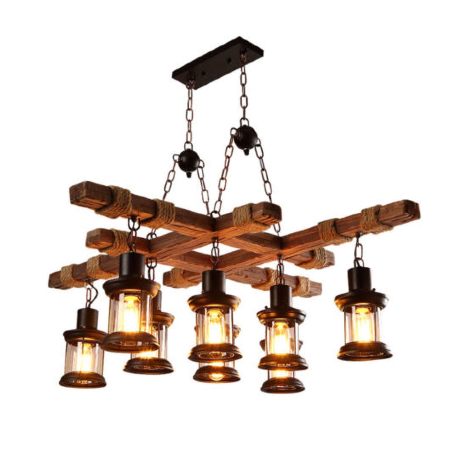 Rustic Brown Metal and Wood 8-Light Lantern Chandelier