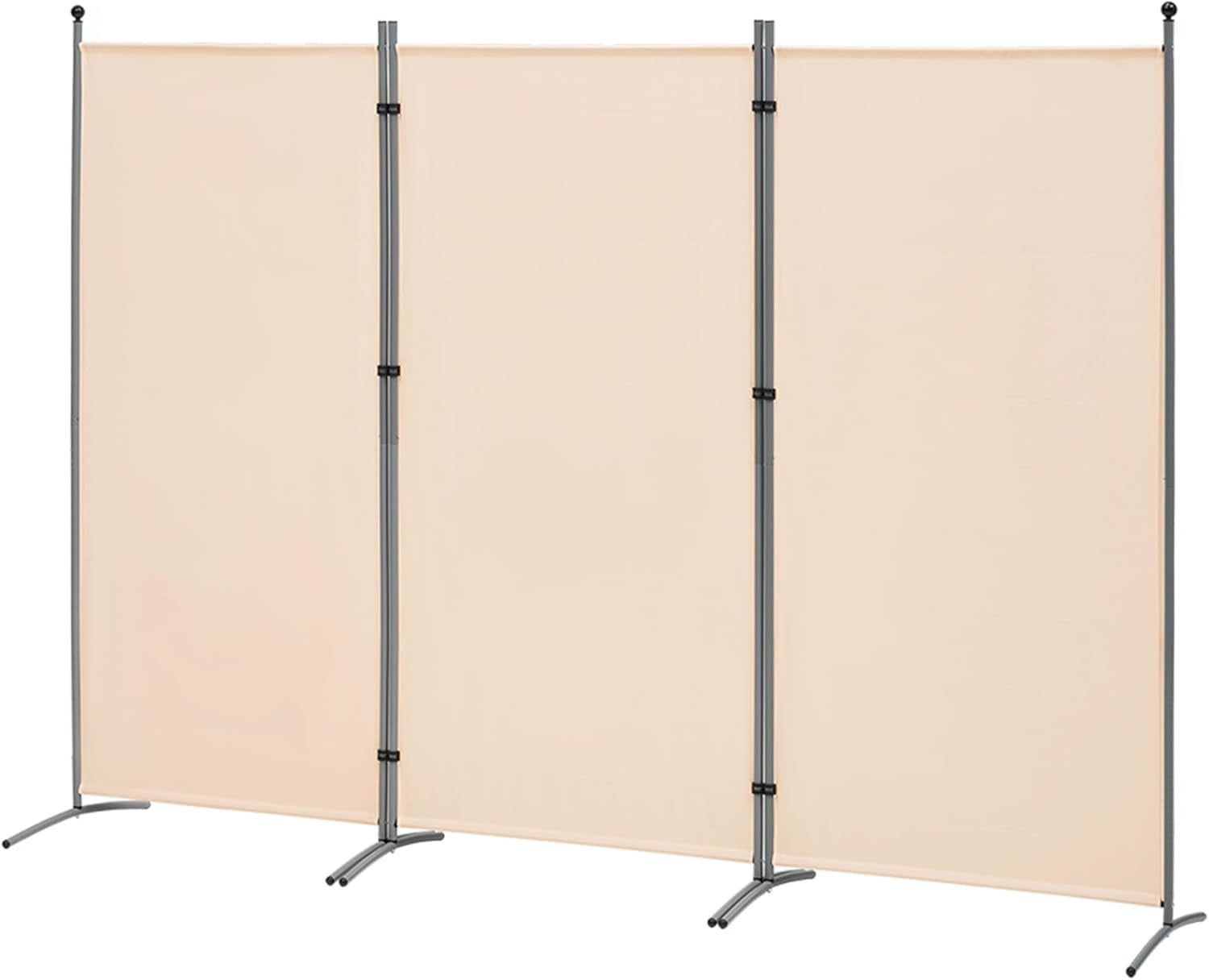 Beige 3-Panel Folding Fabric Room Divider with Metal Frame