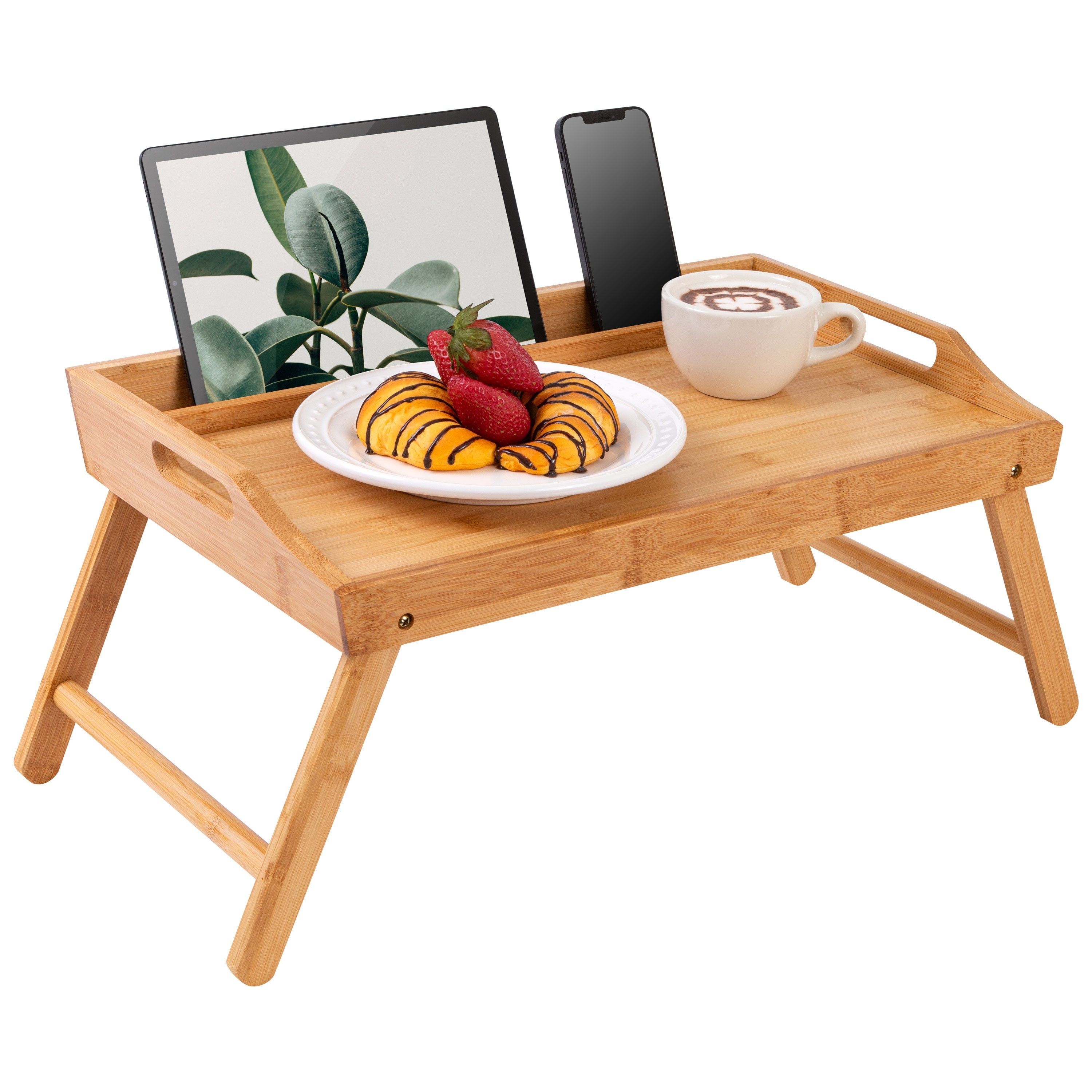 Natural Bamboo Bed Tray with Phone Holder, Medium