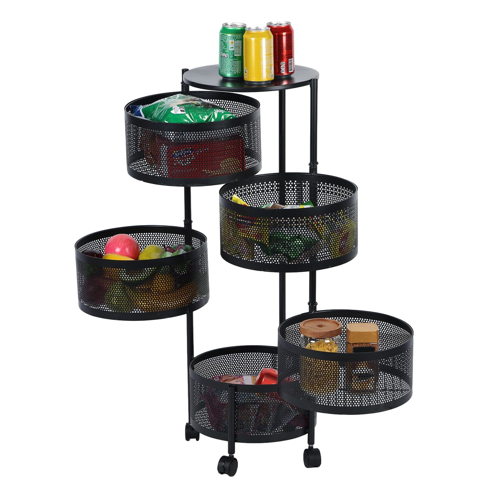 Jaq 5-Tier Black Metal Rotating Kitchen Storage Rack with Casters