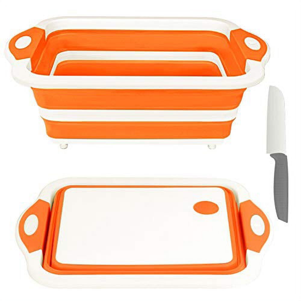 Collapsible Orange and White Plastic Cutting Board with Colander