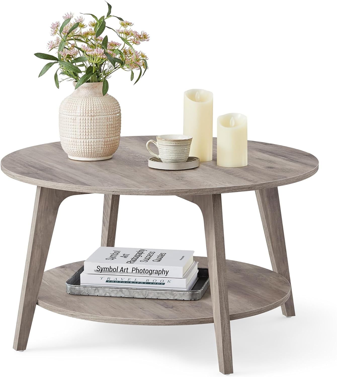 Heather Greige Round 2-Tier Coffee Table with Storage