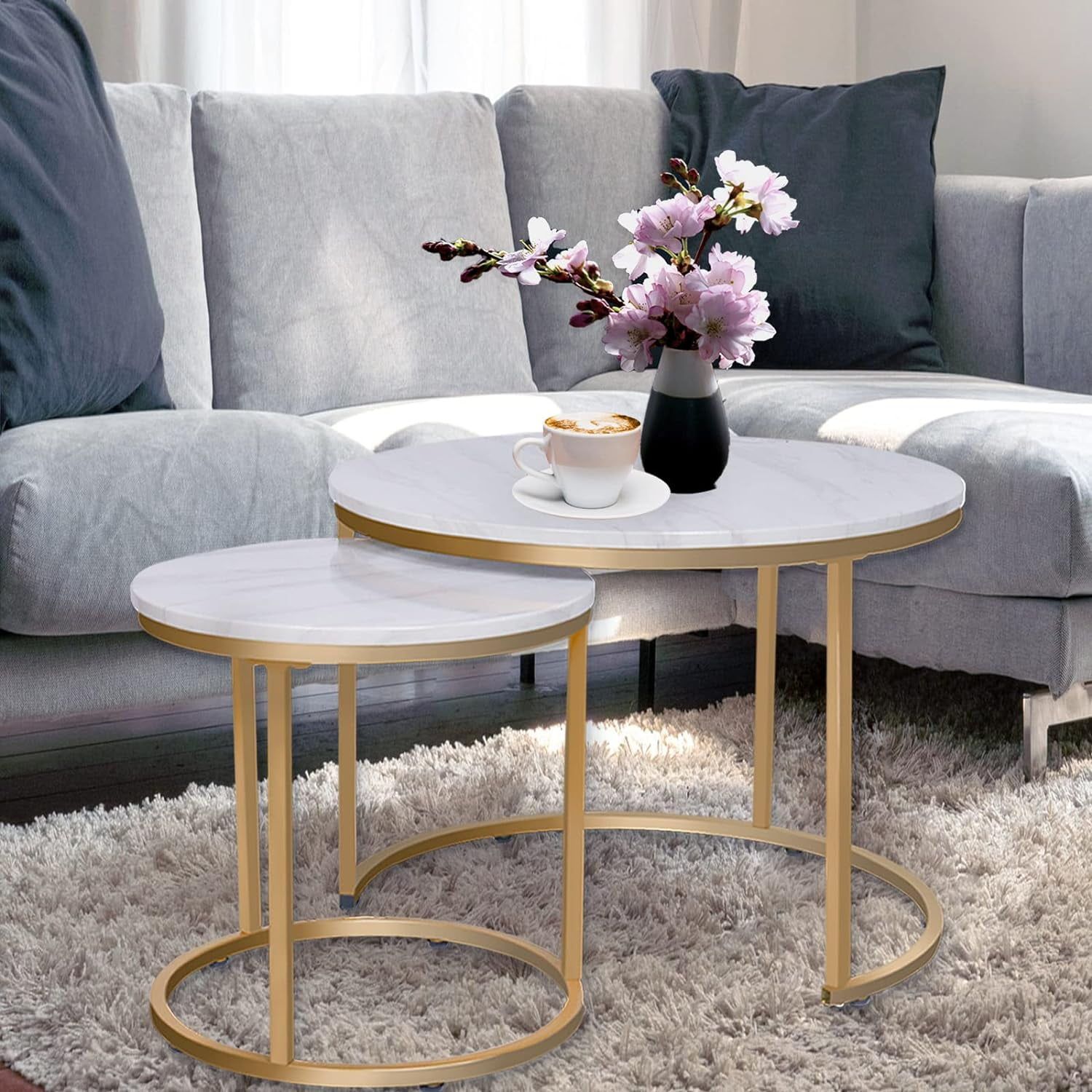 White Marble and Gold Round Nesting Coffee Table Set