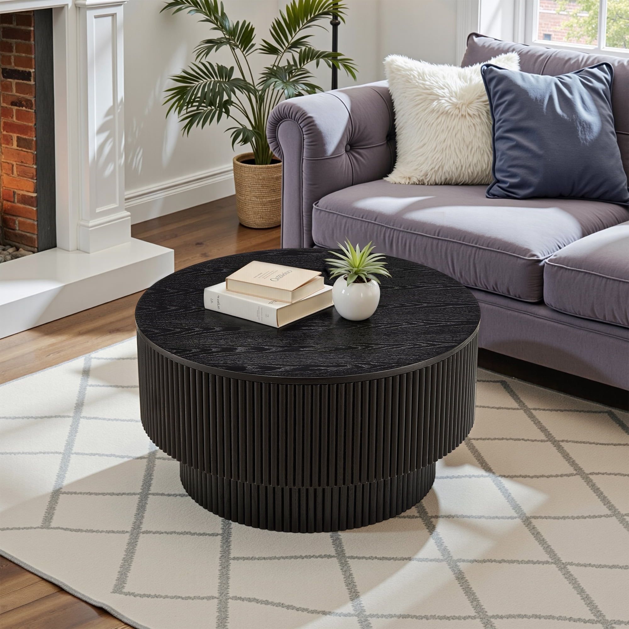 31.5" Black Round Lift-Top Wood Coffee Table with Storage