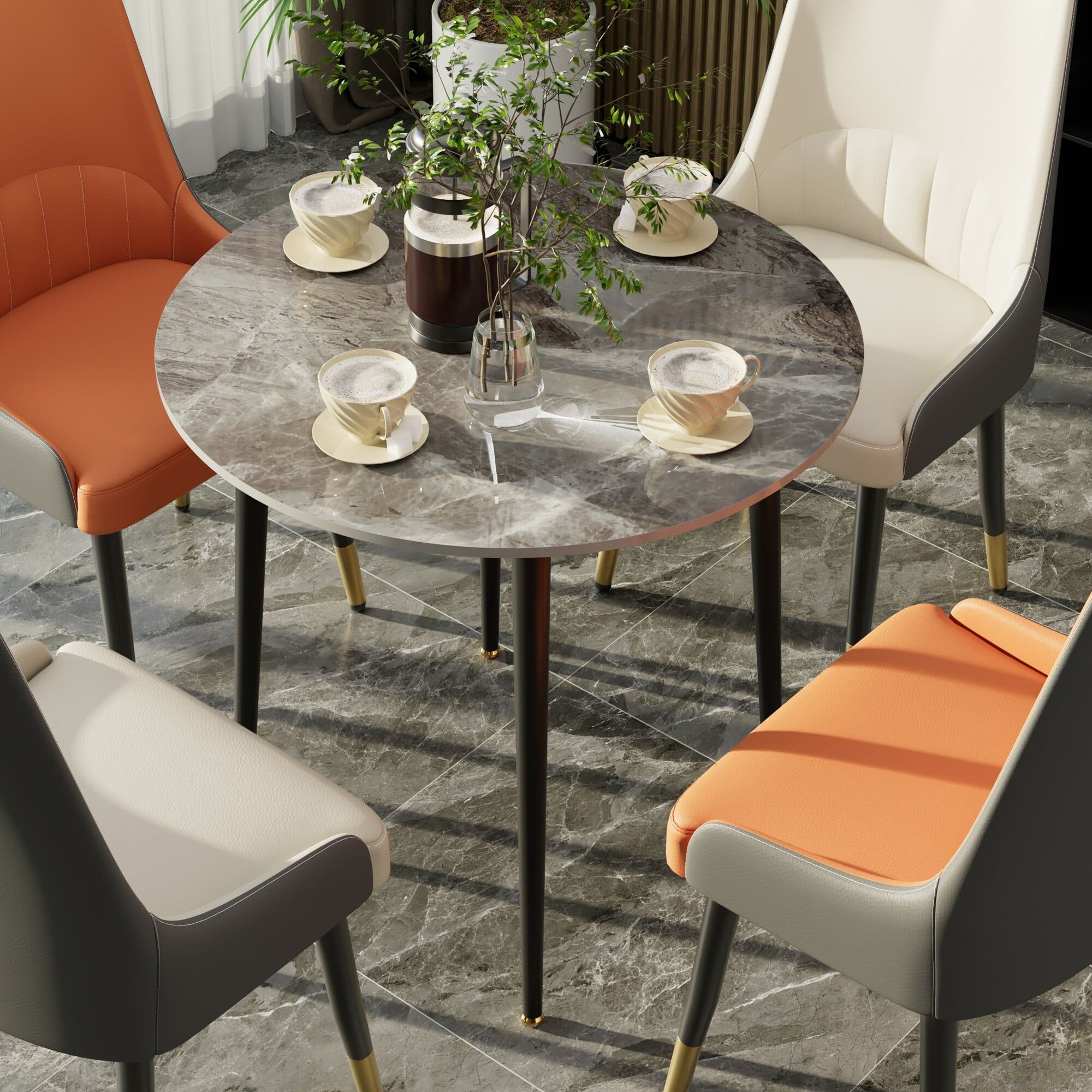 Round Italian Grey Marble Dining Table with Black Metal Legs