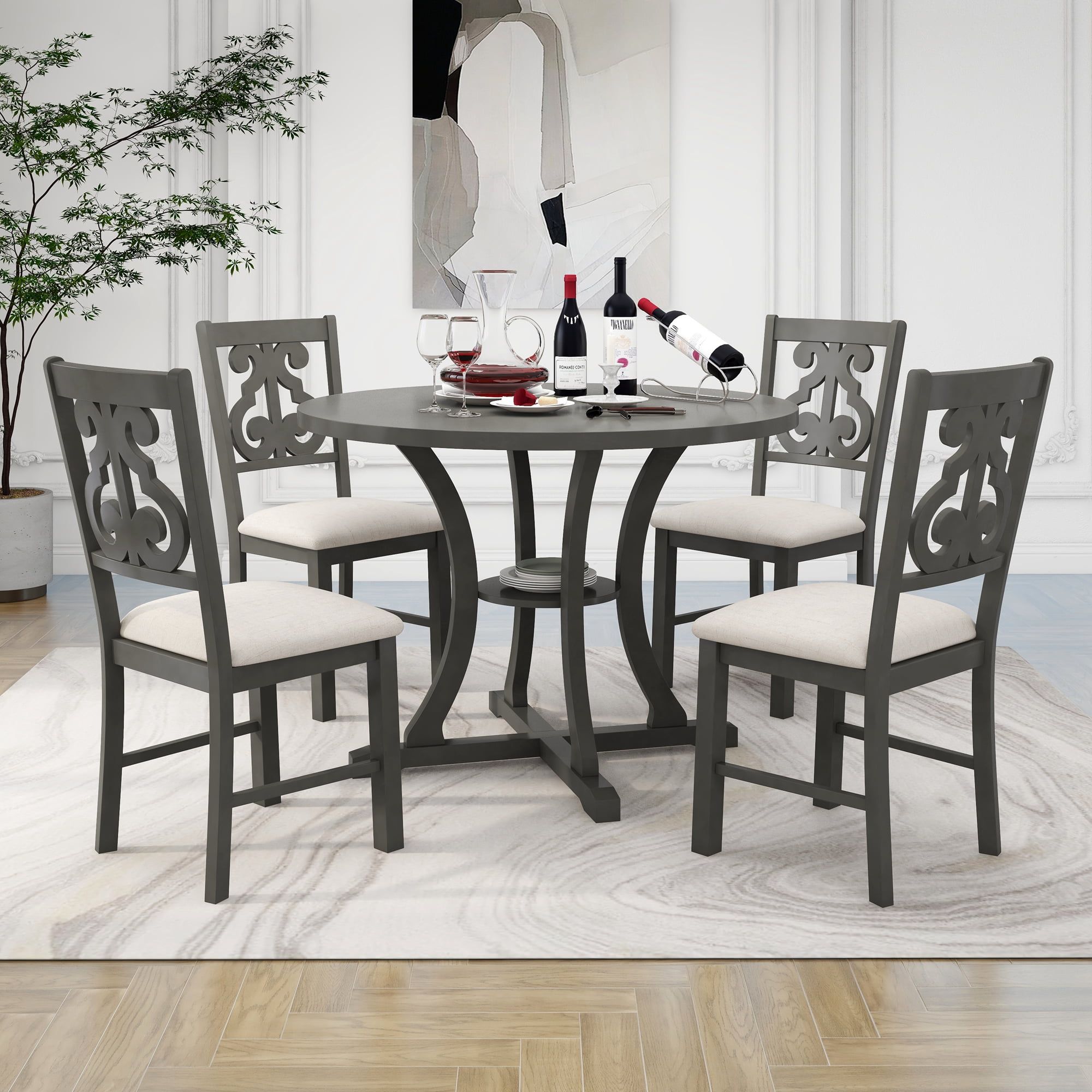 Gray Wood Round Bistro Dining Set with Beige Cushions