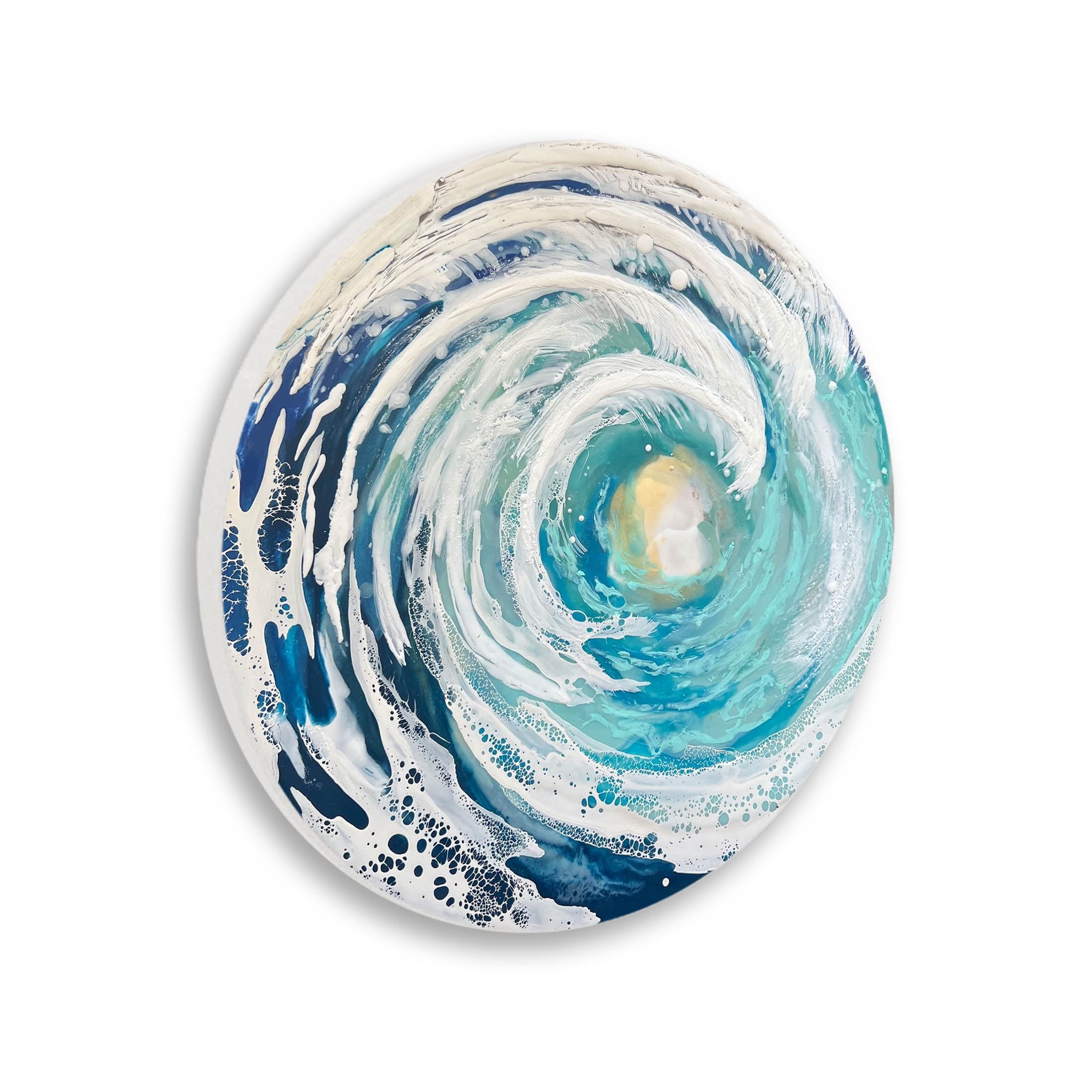 Round Ocean Waves Abstract Blue and White Wood Wall Art