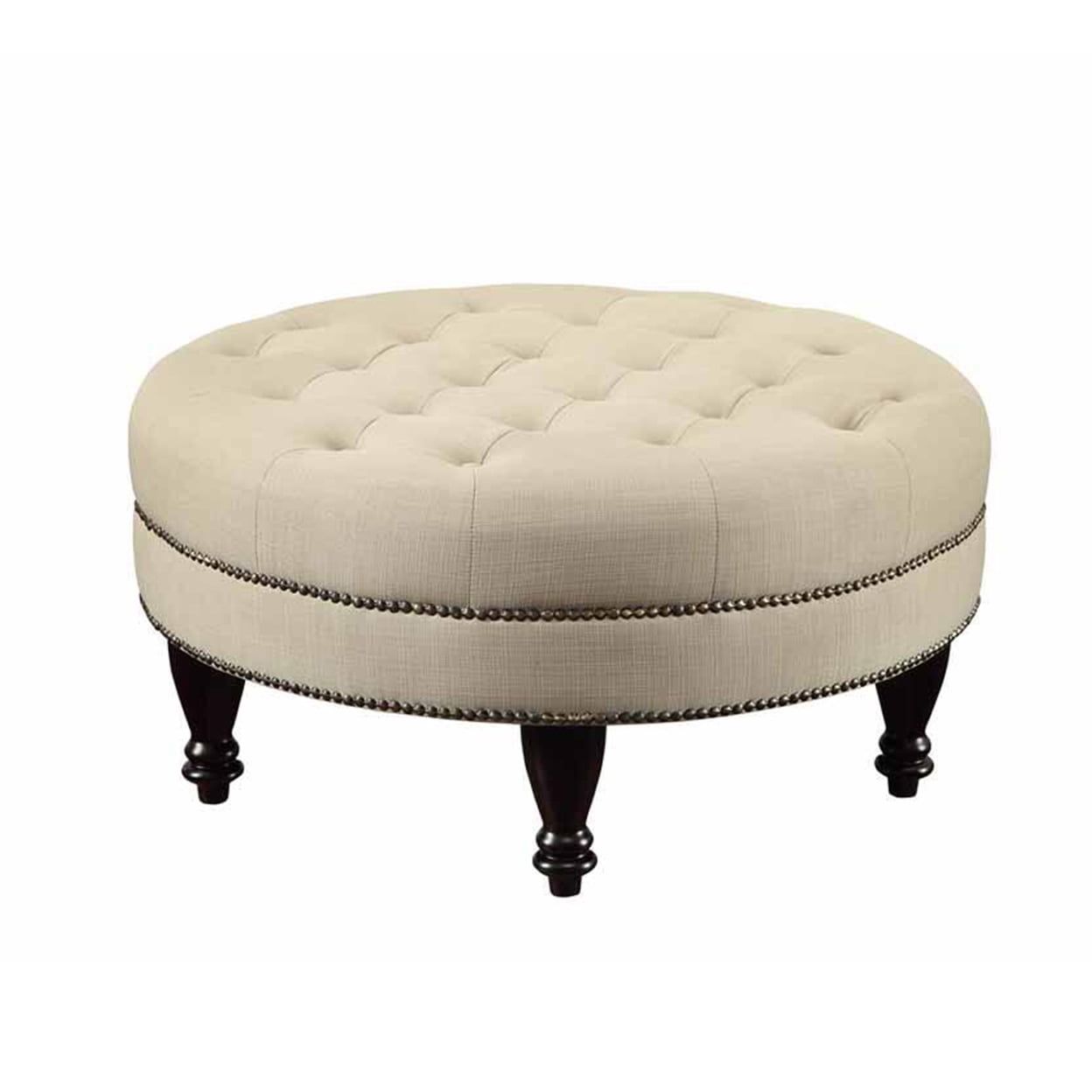 Beige Tufted Round Ottoman with Nailhead Trim