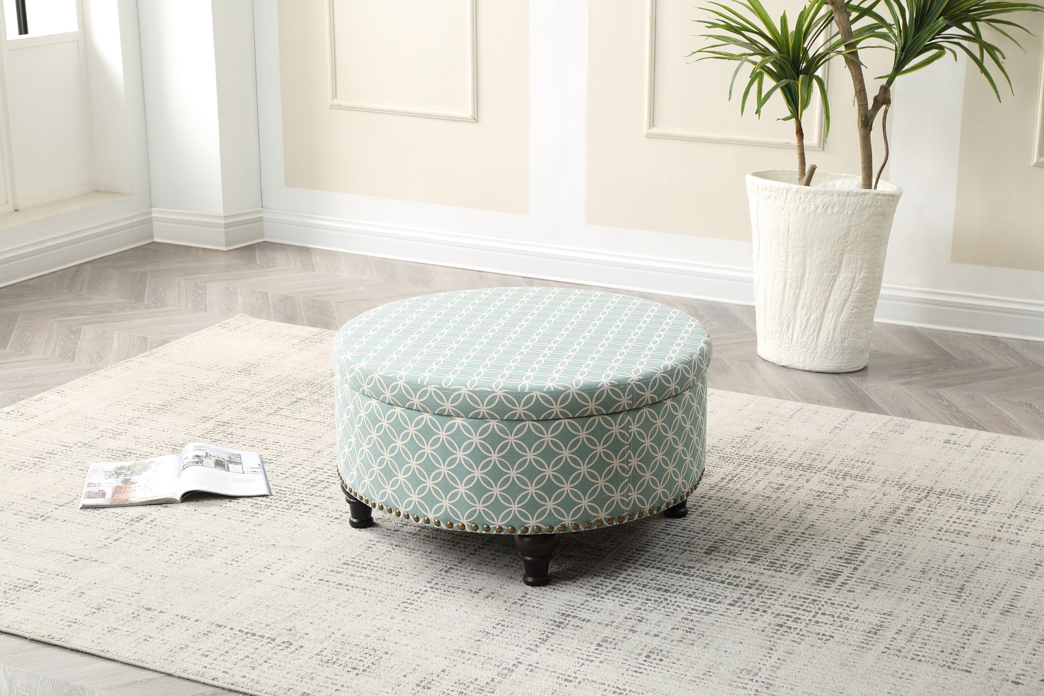 Geometric Pattern Round Storage Ottoman with Nailhead Trim