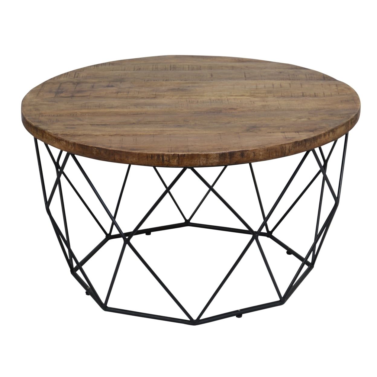 32'' Round Mango Wood Coffee Table with Geometric Iron Base