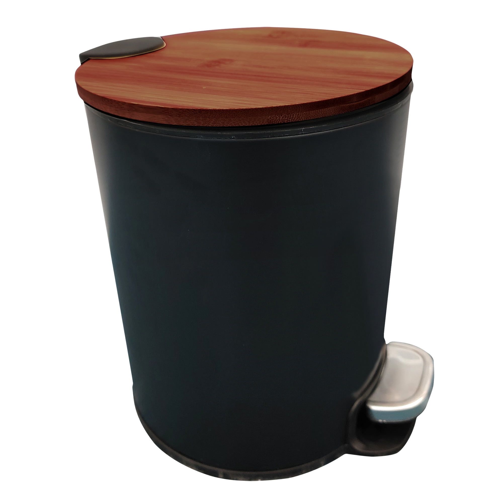 Matte Black and Bamboo Round Bathroom Trash Can with Pedal, 1.3 Gallon