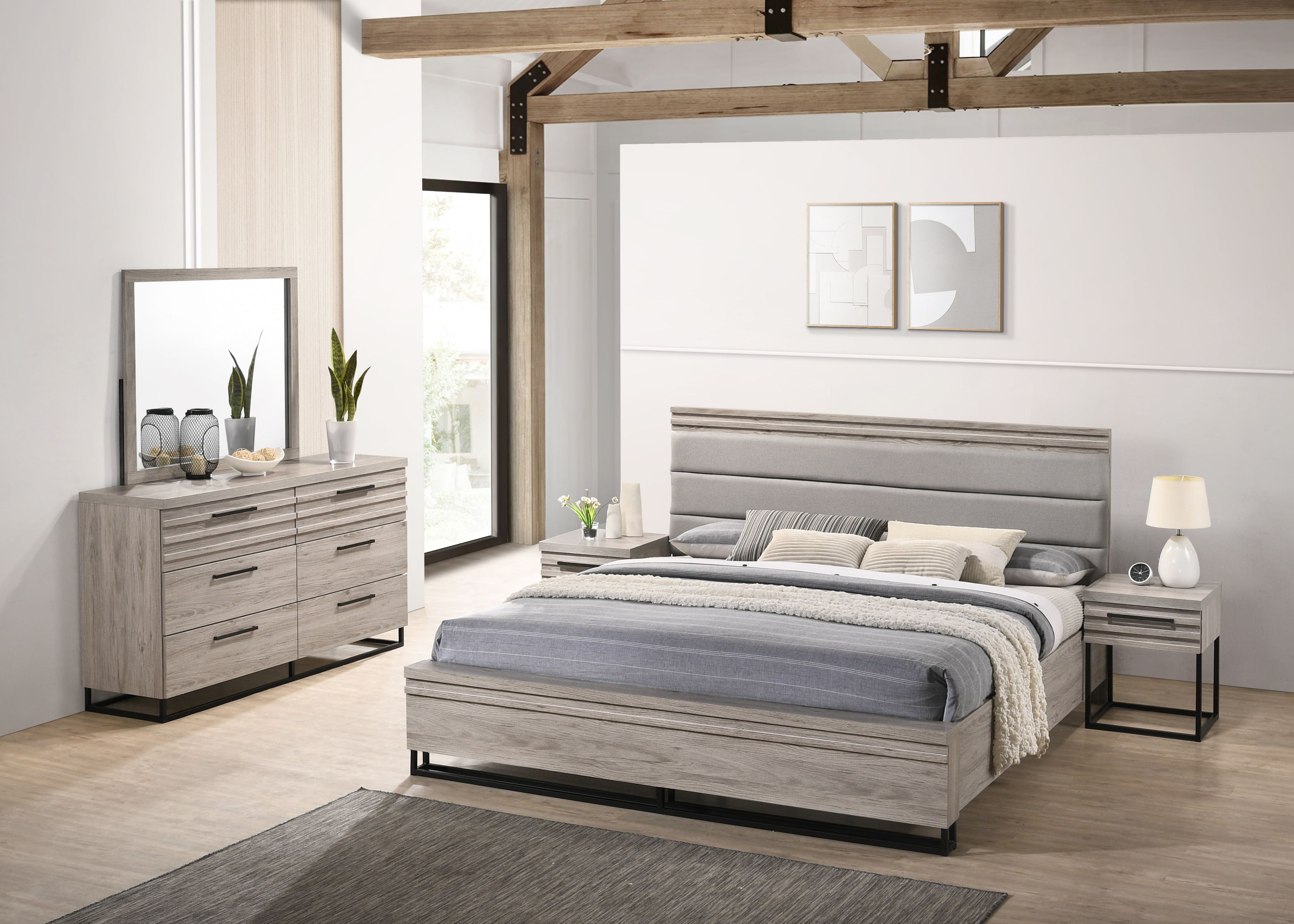 Alvear Weathered Gray Upholstered King Bedroom Set with Dresser and Mirror