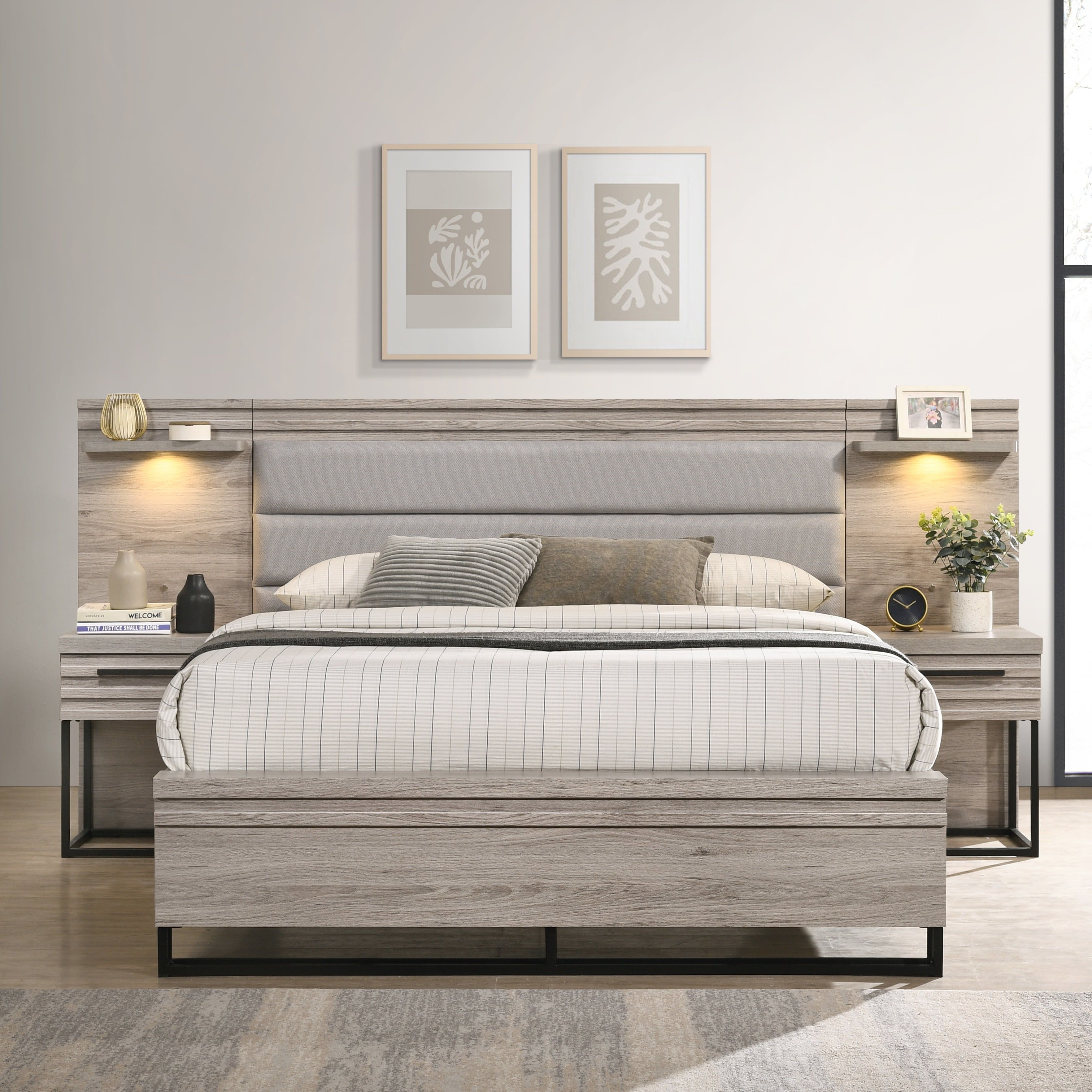 Queen Weathered Gray Upholstered Wood Bed with Lighted Headboard and Nightstands