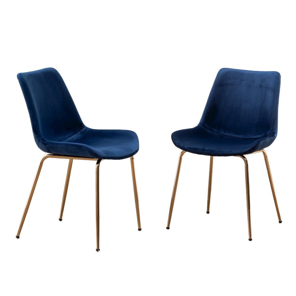 Blue Velvet Upholstered Side Chair with Gold Metal Legs, Set of 2