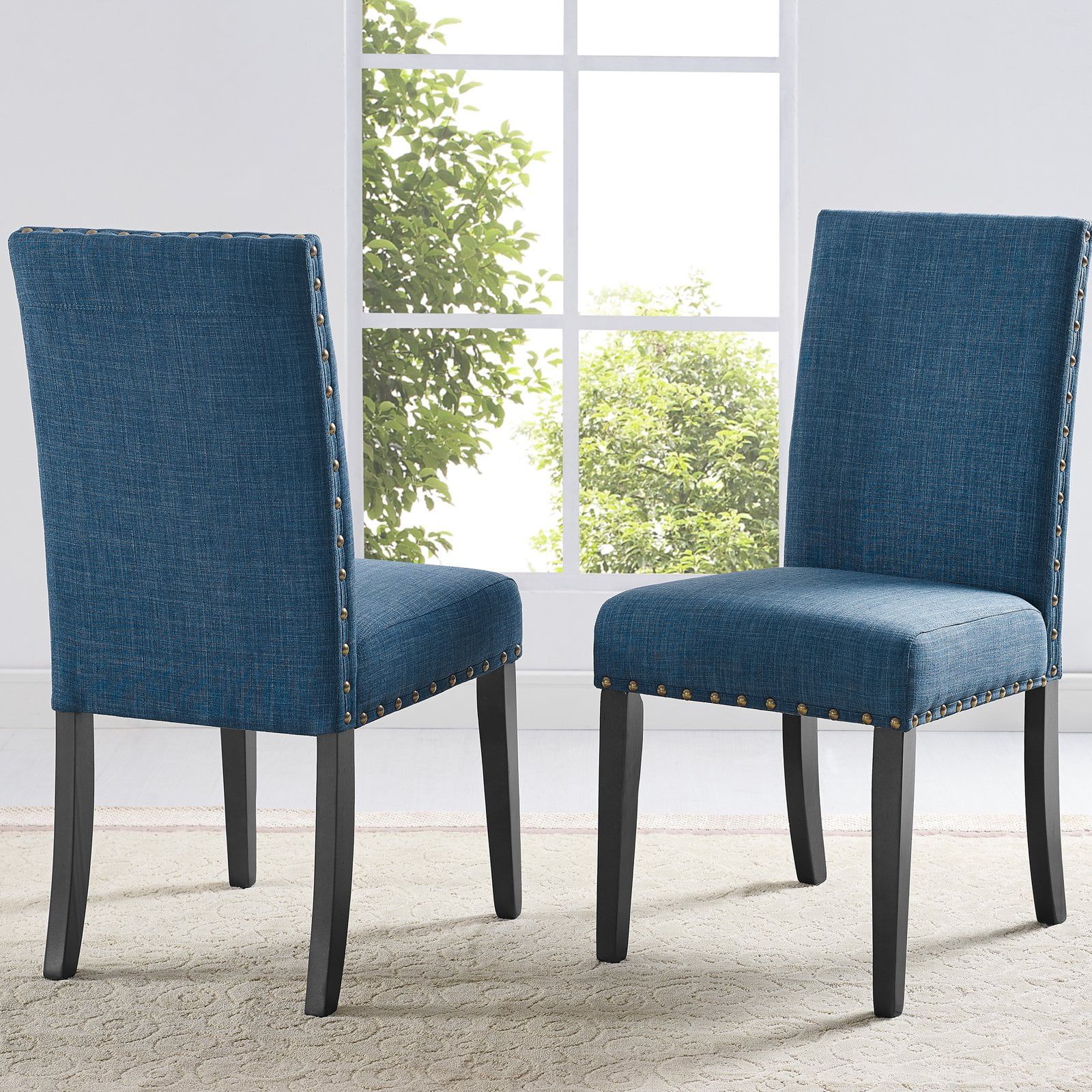 Blue Linen Upholstered Dining Side Chair with Espresso Wood Legs, Set of 2